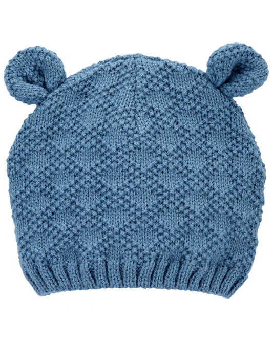 Gorro tejido con orejas, diseño oso celeste 3-9M